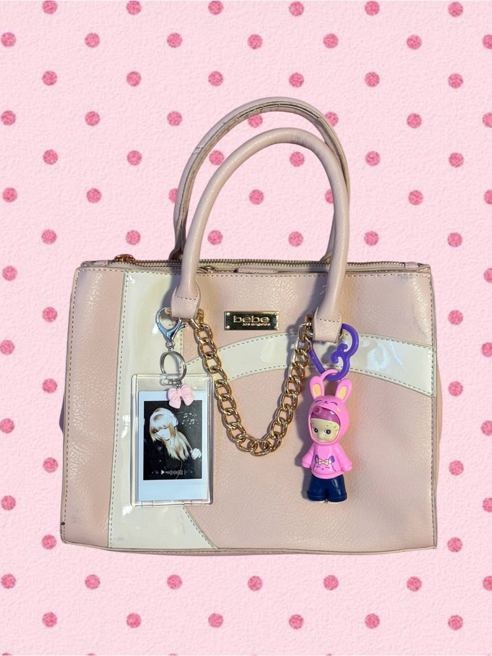bebe Pink and Cream Satchel with Gold Chain Accent